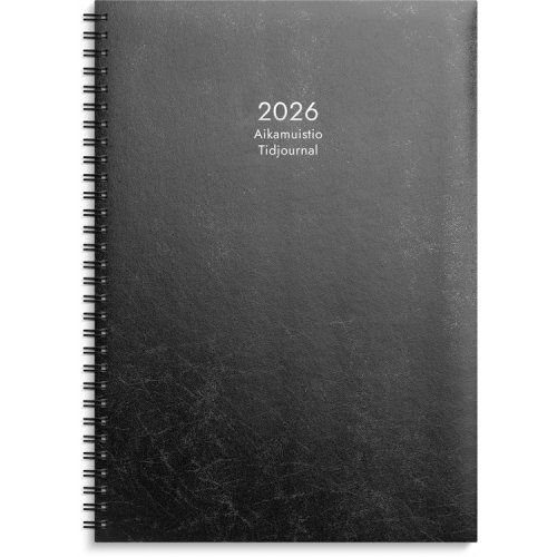Aikamuistio 2026 Kalenteri musta keinonahkakansi parikierres, hinta 36,85€