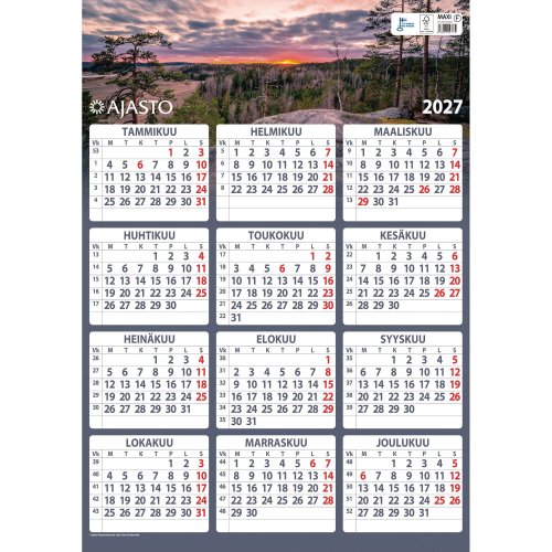 Seinäkalenteri 2027 Ajasto maxi 520 x 740mm, hinta 4,89€