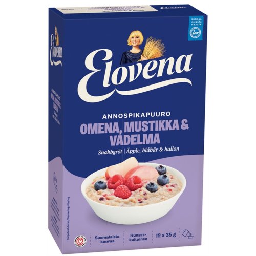 Annospikapuuro Elovena omena-mustikka-vadelma 12 x 35 g, hinta 7,26€
