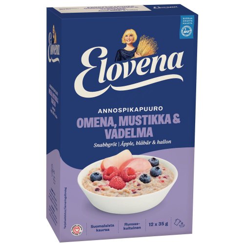Annospikapuuro Elovena omena-mustikka-vadelma 35g 6kpl, hinta 3,71€