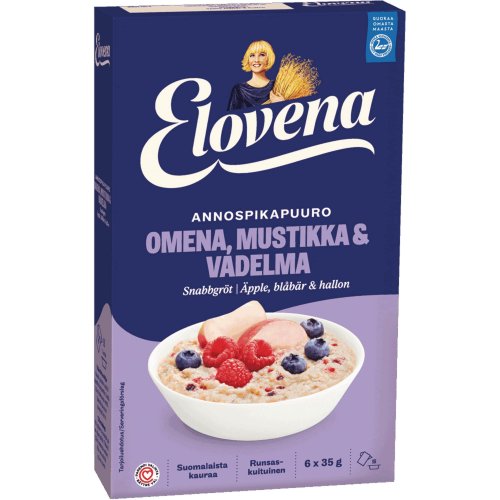 Annospikapuuro Elovena omena-mustikka-vadelma 35g 6kpl, hinta 3,71€