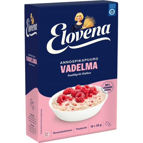 Annospikapuuro Elovena Vadelma 12 x 35 g, hinta 7,98€