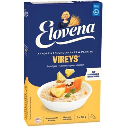 Annospikapuuro Elovena Vireys ananas-papaija 6 kpl, hinta 4,09€