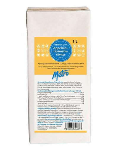 Appelsiinitäysmehutiiviste Metro 300 % 1 litra, hinta 9,83€