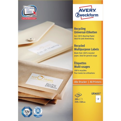 Avery inkjet/laser/copier labels recycled white lr3655 - 210x148mm - box of 200 200kpl, hinta 54,12€