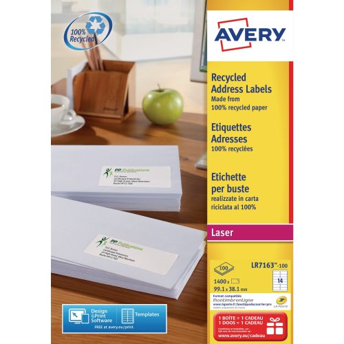Lasertarra Avery lr7163 kierrätettävä 99,1x38,1mm 1400kpl, hinta 50,25€