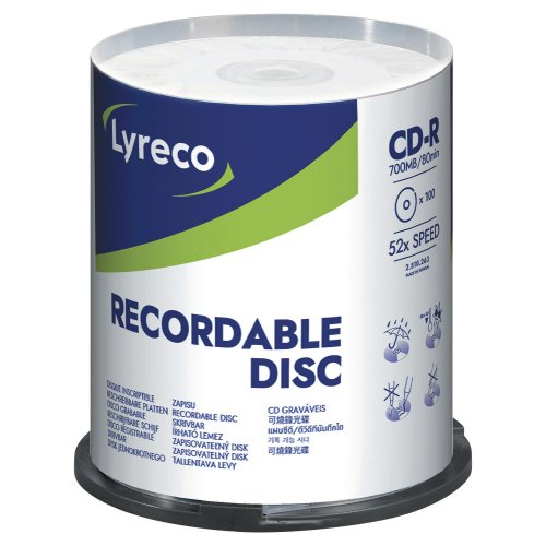 Cd-r Lyreco 80min 700mb 52x, spindle 100kpl, hinta 28,70€