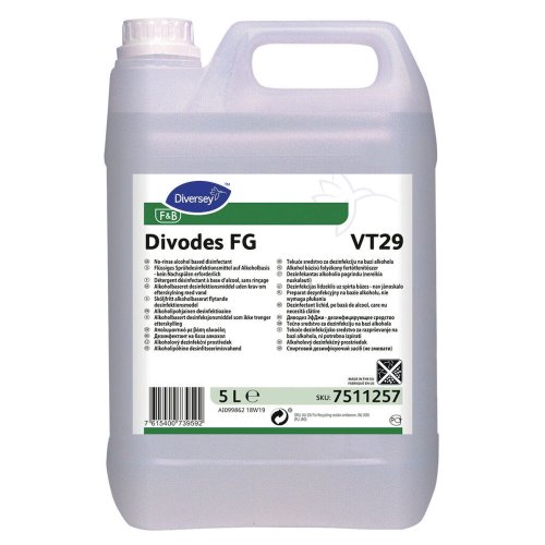 Desinfiointiaine Divodes fg vt29 alkoholipohjainen elintarvikepinnolle 5l, hinta 44,09€