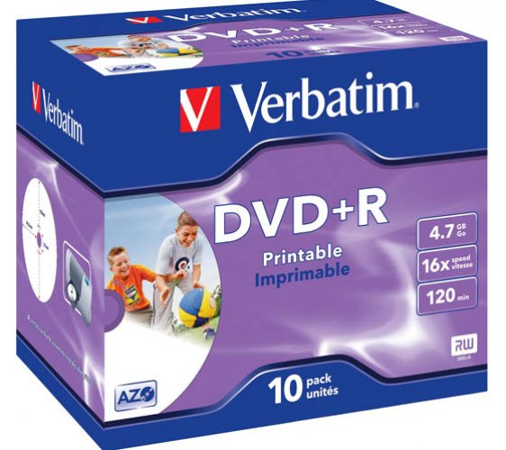Dvd+r Verbatim Wide Inkjet Printable 4,7 GB 16x jewelcase, hinta 0,98€