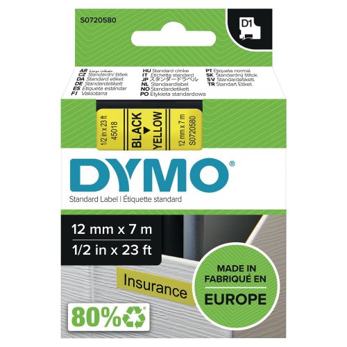 Dymo D1 Teippi 12mm x 7m musta/keltainen, hinta 16,30€