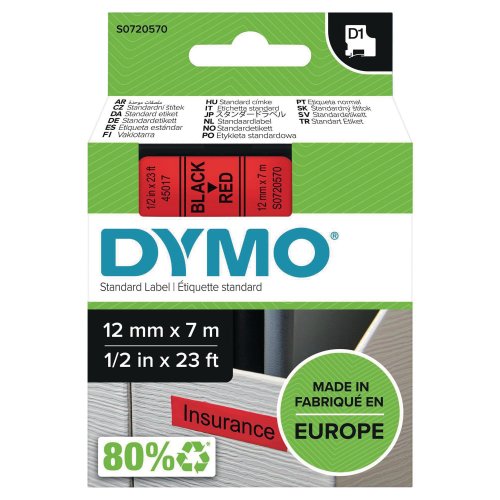 Dymo D1 Teippi 12mm x 7m musta/punainen, hinta 16,97€