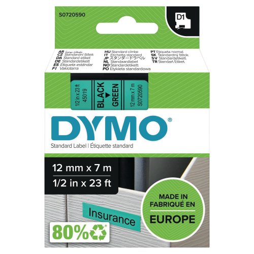 Dymo D1 Teippi 12mm x 7m musta/vihreä, hinta 16,30€