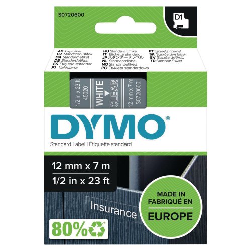Dymo D1 Teippi 12mm x 7m valkoinen/kirkas, hinta 16,94€