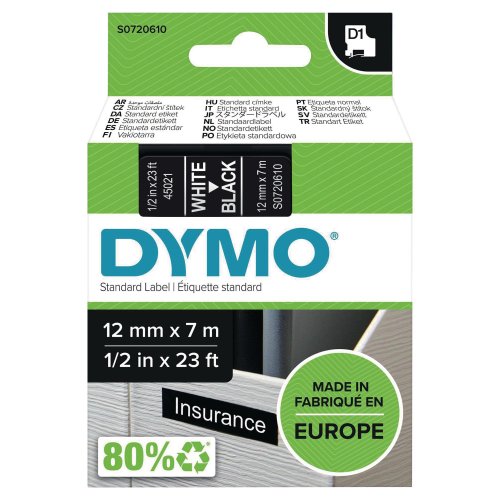 Dymo D1 Teippi 12mm x 7m valkoinen/musta, hinta 16,97€