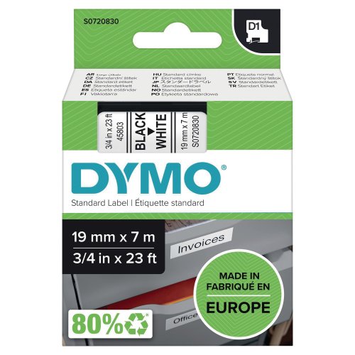 Dymo D1 Teippi 19mm x 7m musta/valkoinen, hinta 23,75€