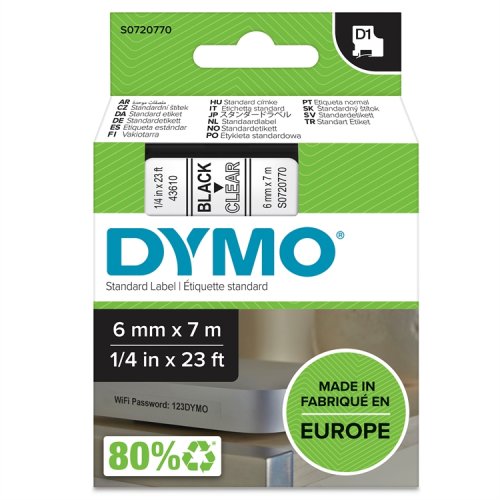 Dymo D1 Teippi 43610 6 mm kirkas/musta, hinta 18,66€
