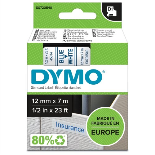 Dymo D1 Teippi 45014 12 mm valkoinen/sininen, hinta 21,36€