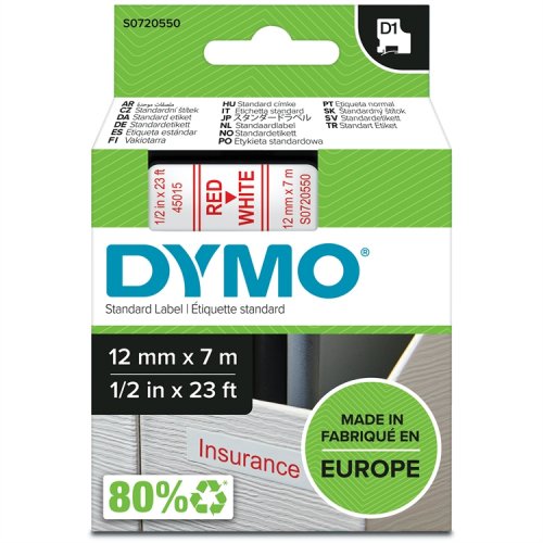 Dymo D1 Teippi 45015 12 mm valkoinen/punainen, hinta 21,36€