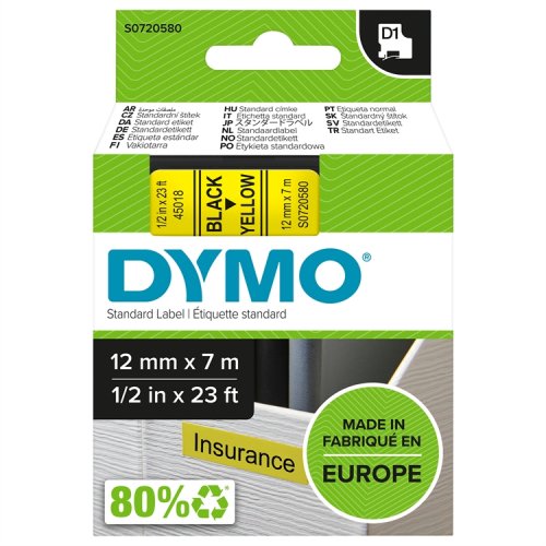 Dymo D1 Teippi 45018 12 mm keltainen/musta, hinta 21,36€