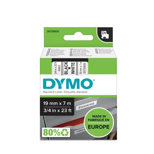 Dymo D1 Teippi 45803 19 mm valkoinen/musta, hinta 27,31€