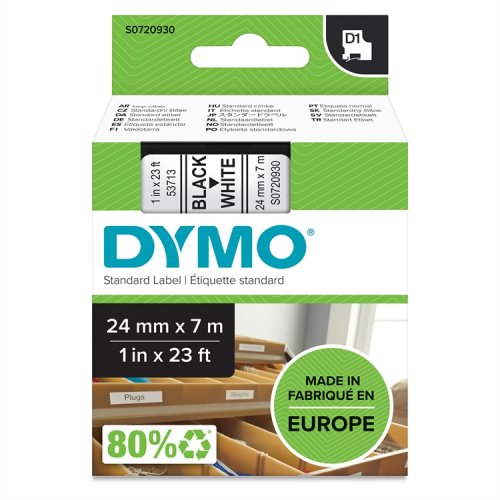 Dymo D1 Teippi 53713 24 mm valkoinen/musta, hinta 31,58€