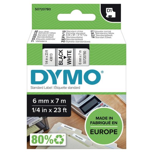 Dymo D1 Teippi 6mm x 7m musta/valkoinen, hinta 14,15€