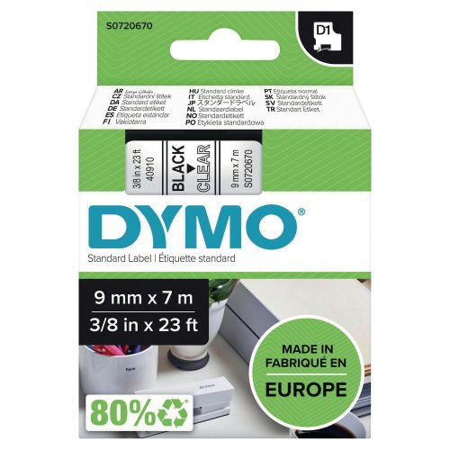 Dymo D1 Teippi 9mm x 7m musta/kirkas, hinta 14,43€