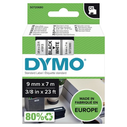Dymo D1 Teippi 9mm x 7m musta/valkoinen, hinta 15€
