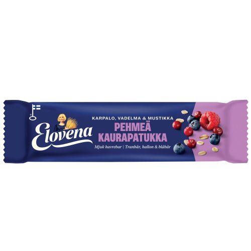 Elovena 30g karpalo-vadelma-mustikka pehmeä kaurapatukka 15kpl, hinta 16,86€