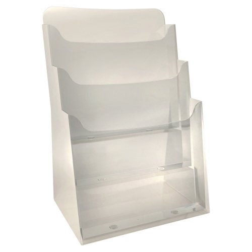 5357778 Esiteteline kirkas Exacompta Desktop Display A4 on 3-lokeroinen laadukas pöytäteline, johon sopivat hyvin kaikki A4 kokoiset esitteet. Esitetelineen tyylikäs ulkonäkö sopii hyvin toimistoihin ja julkisiin tiloihin.