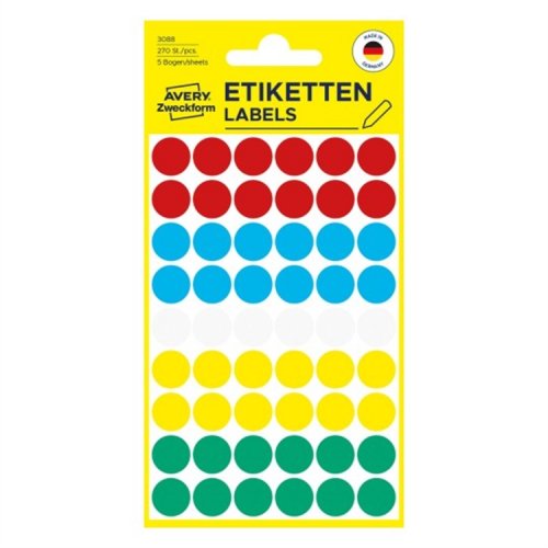 Etiketti Avery 3088 ø 12 mm pyöreä värilajitelma /270, hinta 1,55€