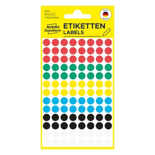 Etiketti Avery 3090 ø 8 mm pyöreä värilajitelma /416, hinta 1,55€