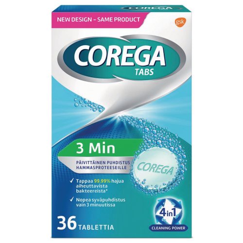 Hammasproteesin Puhdistustabletti Corega tabs 3 min, 36 tablettia 36kpl, hinta 12,06€