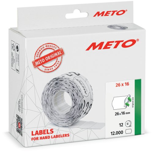 Hintaetikettirulla Meto 26x16mm irtoava valkoinen 1000 etik/rll 1 kpl=12 rullaa, hinta 38,41€