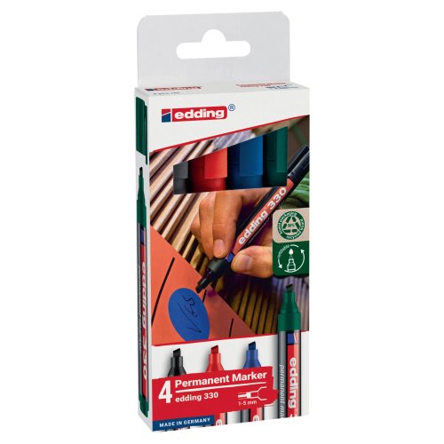 Huopakynä Edding 330 1-5mm viisto permanent, värivalikoima 4kpl, hinta 6,05€