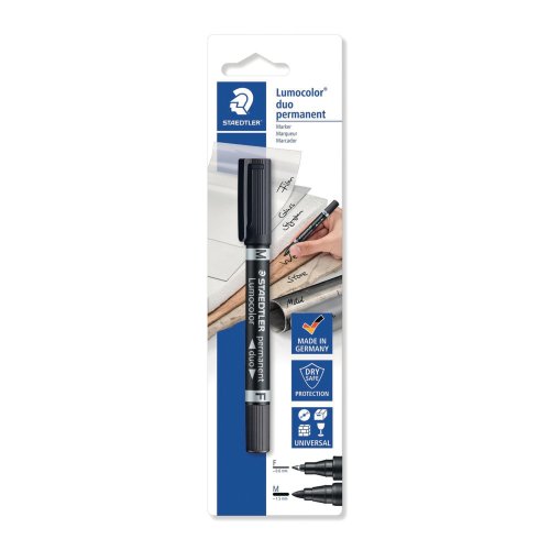 Huopakynä Staedtler duo 348 kaksipäinen permanent pyöreä 0,6/1,5mm blisteri must, hinta 3,17€
