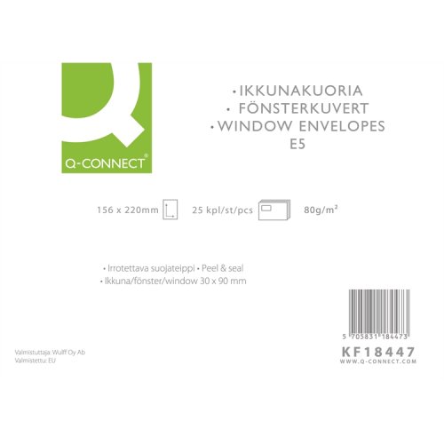 Ikkunakuori Q-CONNECT E5 80G valkoinen 30 x 90 mm /25, hinta 2€