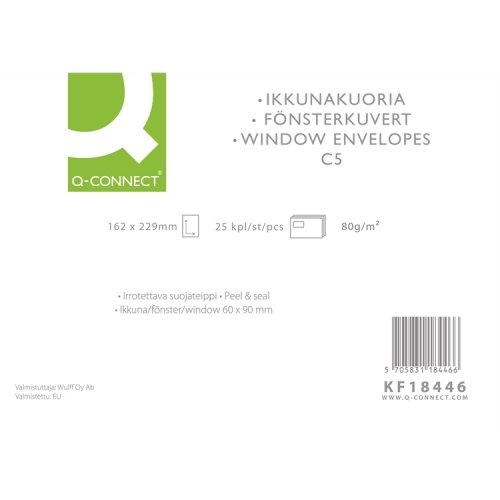 Isoikkunakuori Q-CONNECT C5 80G valkoinen 60 x 90 mm /25, hinta 2,83€