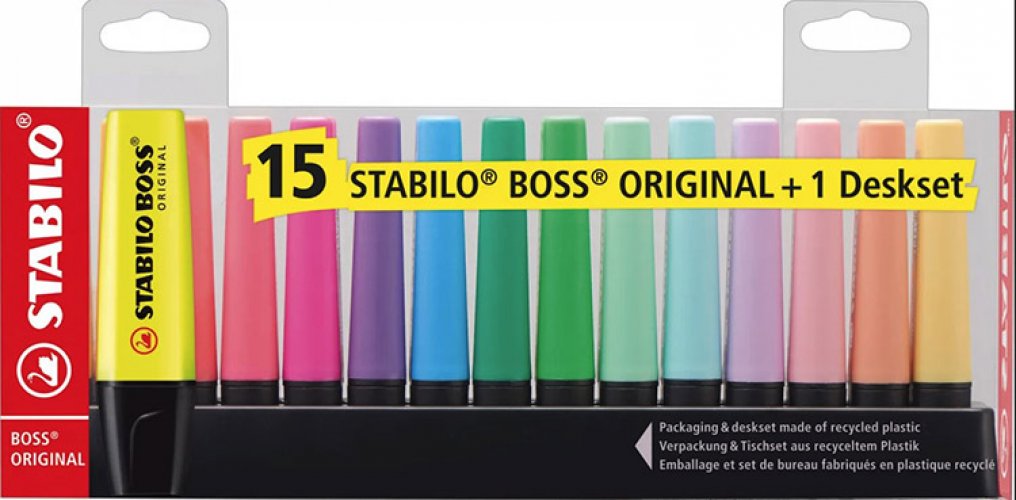 Korostuskynä Stabilo Boss Original värilaj/15 + pöytäteline, hinta 16,27€