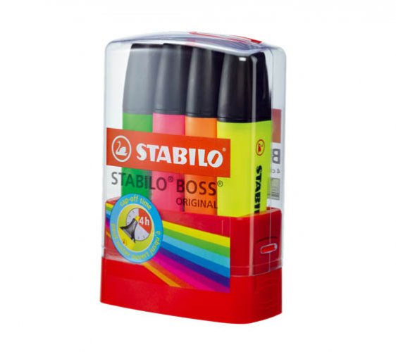 Korostuskynä Stabilo Boss Original värilaj/4 + pöytäkotelo, hinta 3,85€