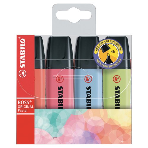 Korostuskynä Stabilo boss original viisto 2-5 mm pastellivärit 1 kpl=4 kynää 4kpl, hinta 9,74€