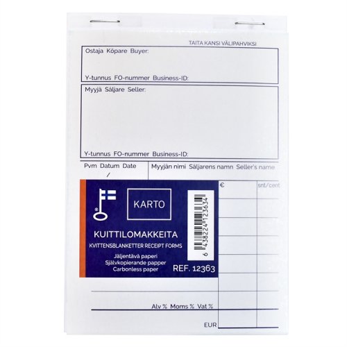 Kuittilomake A6 jäljentävä 2x50 lehteä, hinta 2,66€