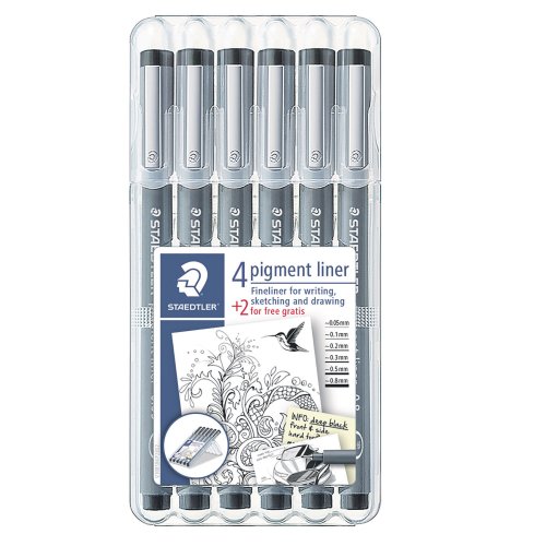 Kuitukärkikynä Staedtler pigment liner 308 musta 6kpl, hinta 28,26€