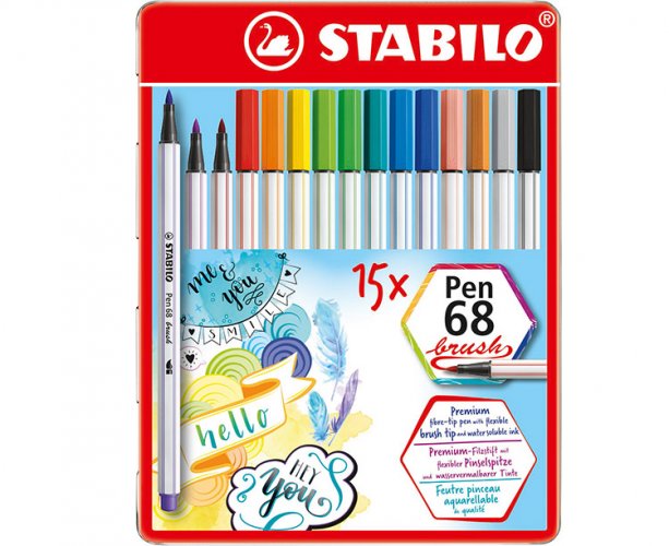 Kuitukynäsarja Stabilo Pen 68 Brush 568/15-32 met.rasia15kpl, hinta 17,56€