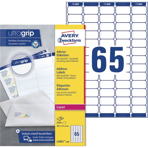 Lasertarra Avery l7651 38,1 x 21,2mm 65-osainen 6500kpl, hinta 71,35€