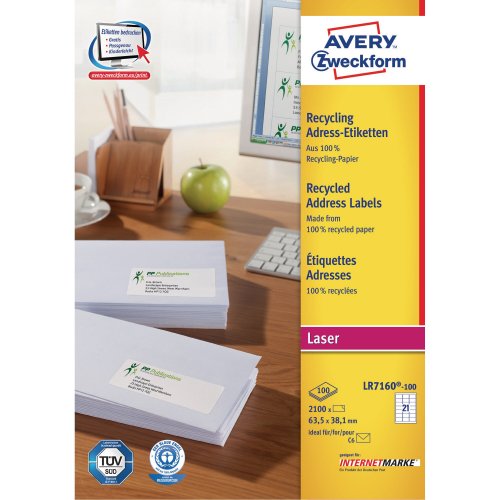 Lasertarra Avery lr7160 kierrätetty 63.5 x 38.1mm 21-osainen 2100kpl, hinta 50,25€