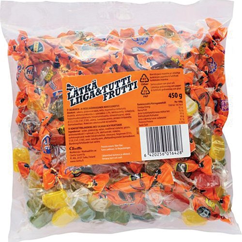 Lätkäliiga & tuttifrutti makeissekoitus 450g, hinta 10,33€