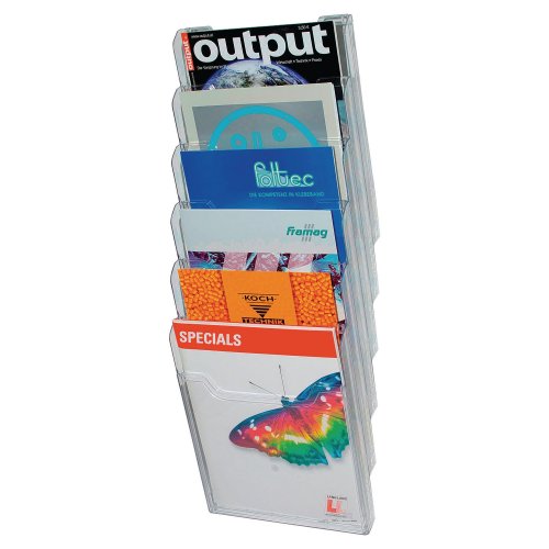 6494734 Esiteteline kirkas Exacompta A4 6-osainen laadukas ja tedullinen seinäteline esimerkiksi taukotiloihin ja toimistoihin. Seinätelineen takuu on 25 vuotta ja lokeroiden syvyys on 26mm.