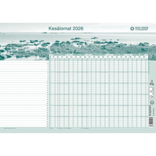 Lomakalenteri 2026 Ajasto quo vadis–2027 seinäkalenteri 420 x 297mm, hinta 2,76€