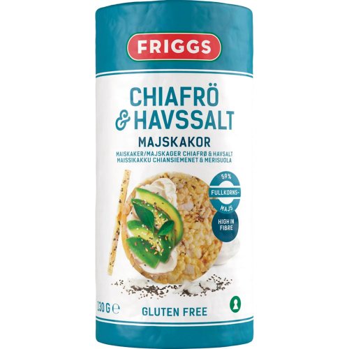 Maissikakku Friggs chiasiemen & merisuola 130g, hinta 3,77€